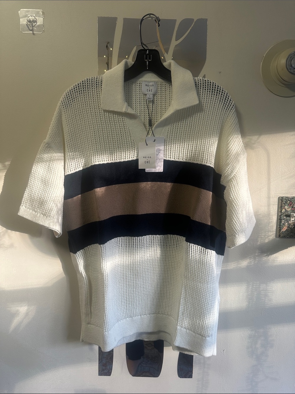 NWT REISS Cream Crochet Polo with Navy & Tan Stripes